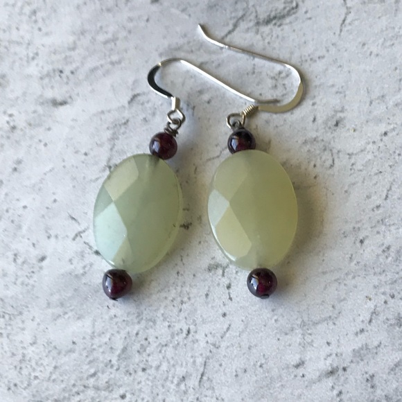 Dangle Earrings Green Aventurine Faceted Garnet Accent Beads